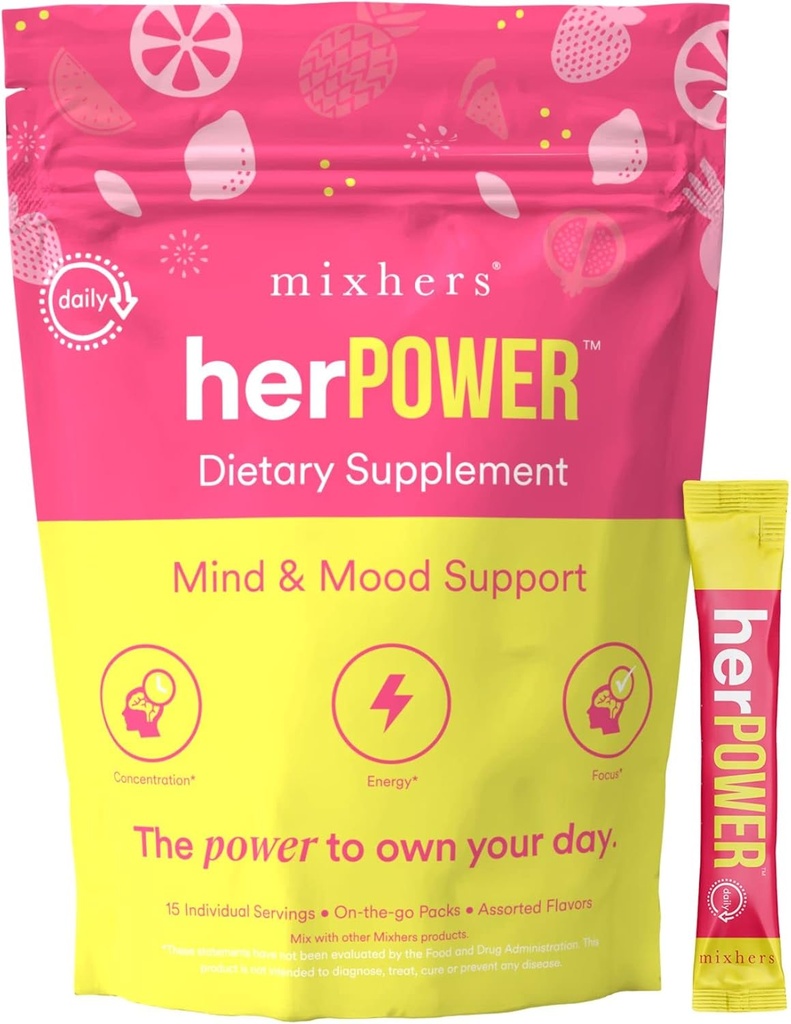 MIXHERSフォーカス脳サポートサプリメント | カフェインフリー | 認知の明快さ、集中力、水分補給のための天然成分 | パイナップルベリー風味 | 15 スティックパケット