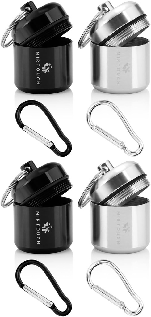 円形のブドウ糖のタブレット及び重大な薬のための携帯用Keychainの丸薬のホールダーの箱-強いCarabinerが付いている慎重な防水キー チェーンの丸薬の容器のキャリア-アルミ合金の丸薬のフォブ箱- 4のパック