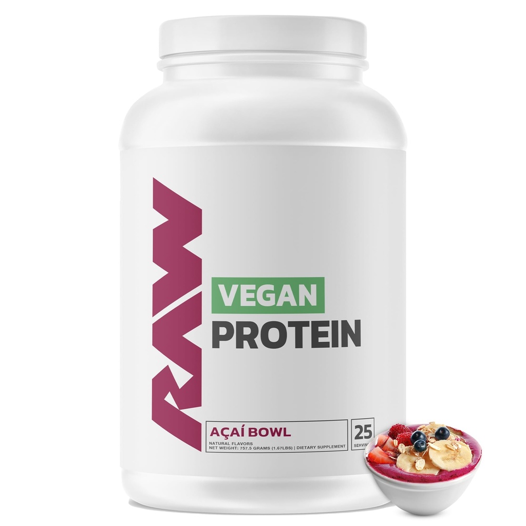 RAWビーガンプロテインパウダー、アサイボウル - 植物ベースのプロテインパウダーの20g&筋肉の成長と回復のためのビタミンで強化 - 低脂肪、低炭水化物、自然に風味豊かで甘い - 25サービング