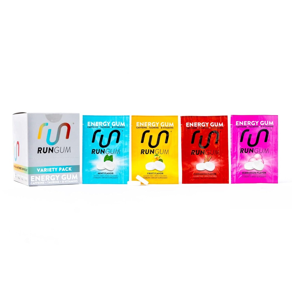 RUN GUMバラエティパックEnergy Chewing Gum 50mgカフェインタウリン&B-Vitamins Per Piece、24ピース(12パック)砂糖無料、ゼロカロリー、アスパルテームなし、グルテンフリー