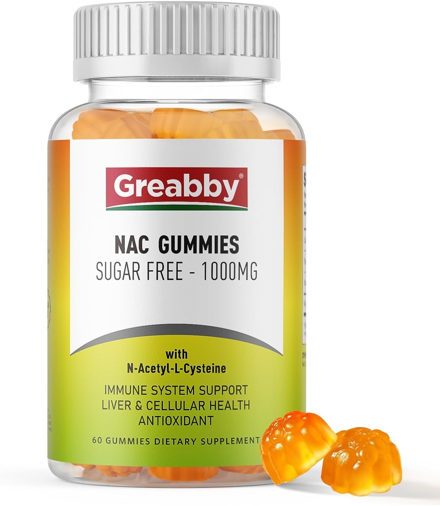 NAC グミーズ 砂糖無料, N アセチル Cysteine NAC サプリメント 1000 mg 抗酸化剤, 肺 & 肝臓の健康, 免疫サポート, ビーガンオレンジ風味,60ct