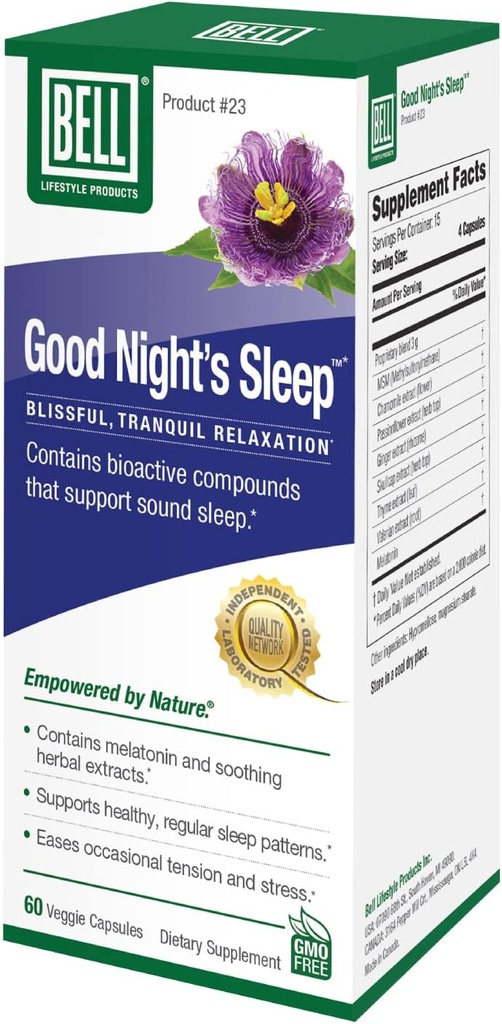 Bell Lifestyle Good Night's Sleep - メラトニンとハーブエキスの自然な睡眠サポート、リラックス&スリープパターン、60ベジギーカプセルをサポート