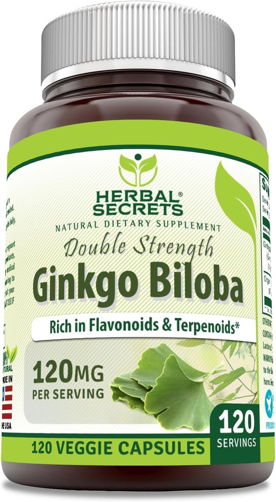 Herbal Secrets Ginkgo Biloba Double Strength Supplement | 120 Mg | 120 Veggie Capsules | Non-GMO | Gluten-Free | Made in USA