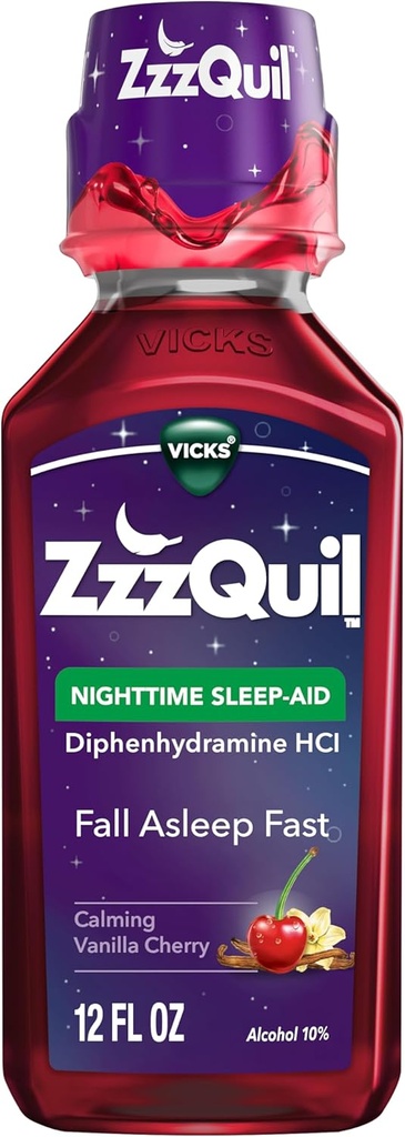 ZzzQuil、夜間睡眠の援助の液体、50のmg Diphenhydramine HCl、No.1睡眠の援助のブランド、落下睡眠の速い、非習慣の形成、Carmingバニラチェリー、12のFLのOZ