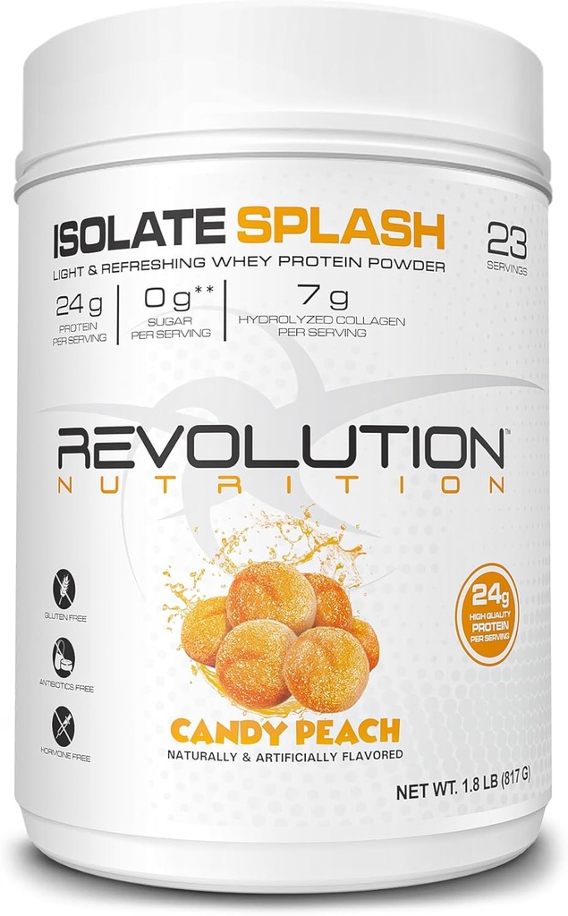 Revolution Nutrition, Isolate Splash, Clear Whey Protein Powder, Juice-Type Protein, Candy Flavour, Collagen, 24g of Protein Per Scoop, Zero Sugar, 817g, 23 Servings (Candy Peach, 1.8 Pound)