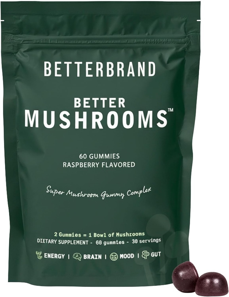 Betterbrand BetterMushroomsの向知性グミー - サポートより良いグット健康、認知機能、10機能キノコとメンタルクラリティ - 60グミ - ラズベリー味 - 1のパック