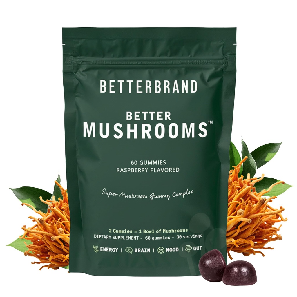 Betterbrand BetterMushroomsの向知性グミー - サポートより良いグット健康、認知機能、10機能キノコとメンタルクラリティ - 60グミ - ラズベリー味 - 1のパック
