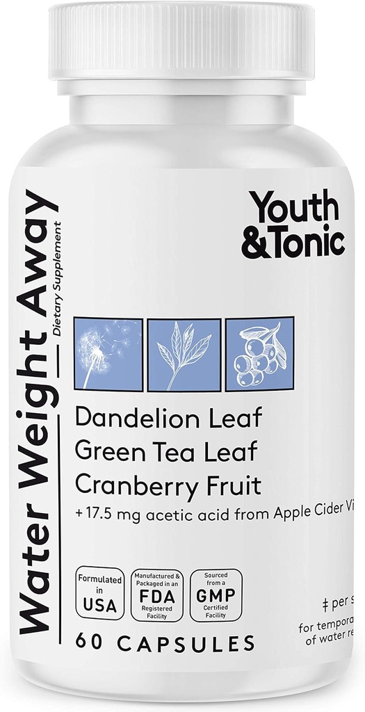 Youth & Tonic Natural Water Weight Away – Herbal Diuretic Pills for Bloating, Water Retention & Swelling Support for Women & Men – 60 Caps with Dandelion, Potassium, Green Tea & Apple Cider Vinegar