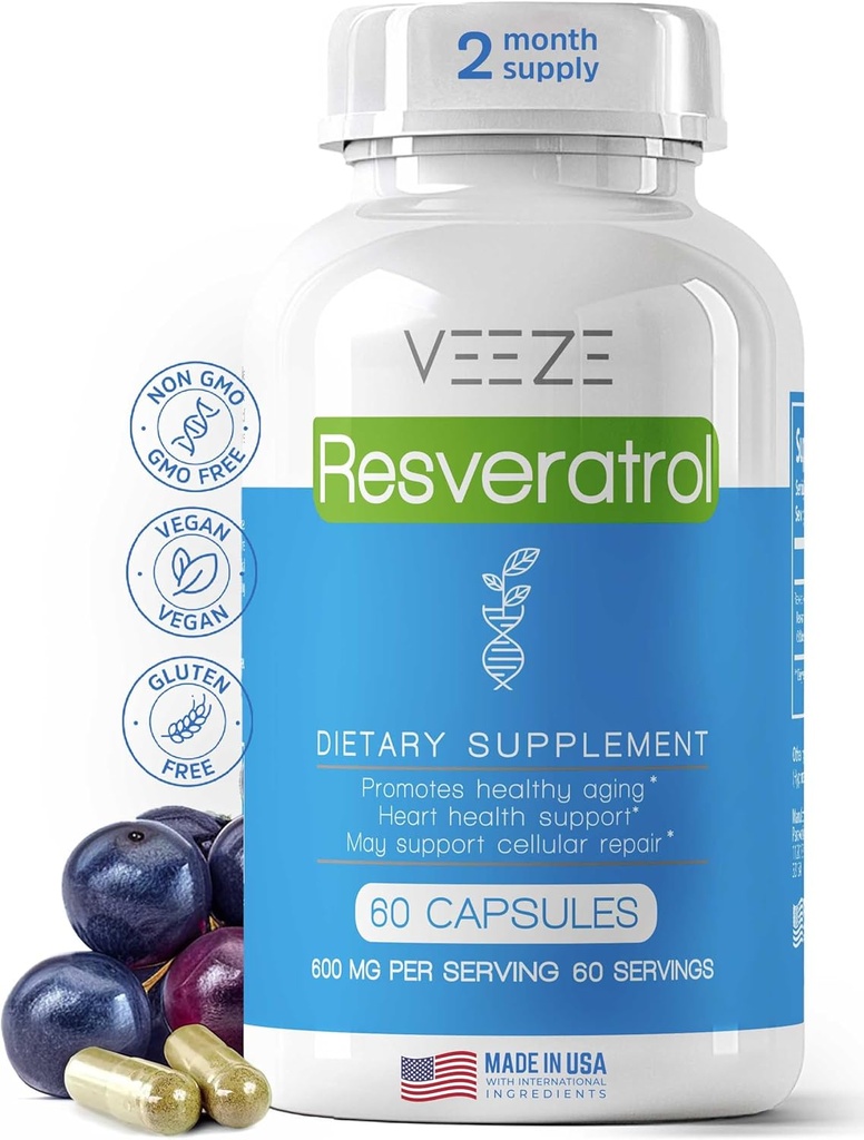 VEEZEレスベラトロールサプリメント600mg 60カプセル&60サービング - アメリカナチュラル&オーガニックレスベラトロールで作られた - 抗酸化剤&トランスレスベラトロールで豊富で、ウェルビーイングサポート - プレミアム有機レスベラトロール