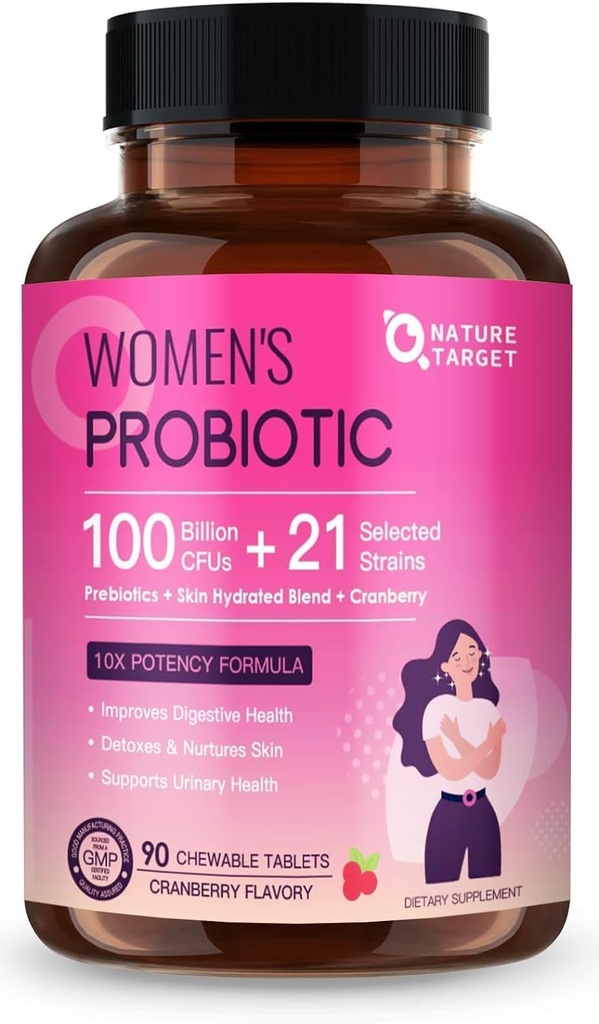 NATURE TARGET Probiotics for Women Digestive Health with 100 Billion CFU, 女性 Probiotics for Gut Health & Immune Support, Skin Care, with Cranberry & D-mannose, 90 Chewable タブレット (45 日の供給)