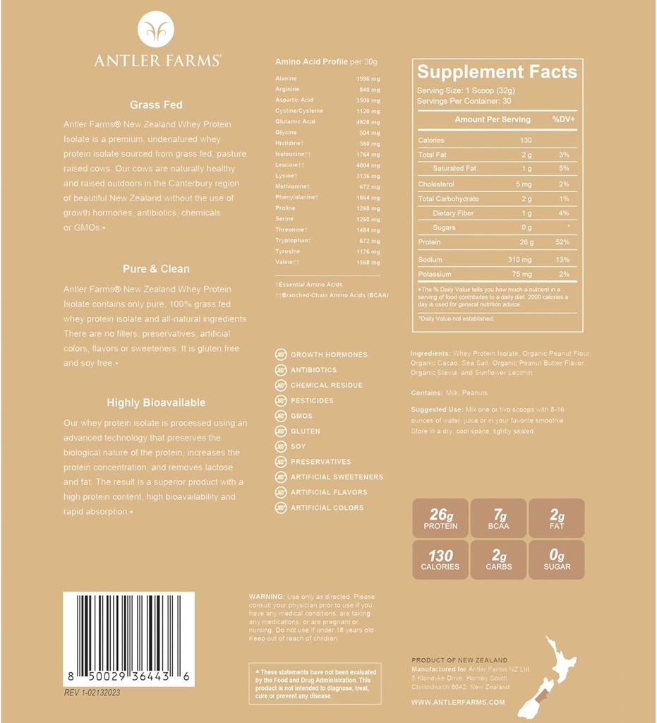 アントラーファーム - 100%グラスフェッドニュージーランドウィープロテインアイソレート、ピーナッツバターチョコレートフレーバー、2ポンド - 純粋で清潔な、7成分、低温加工