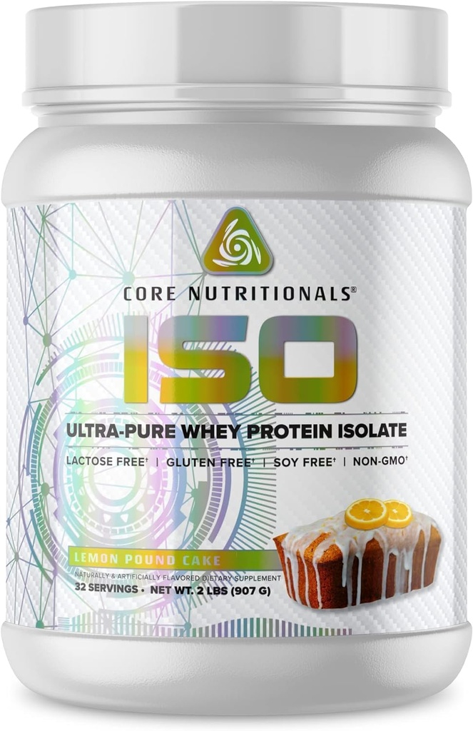 Core Nutritionals Iso Whey Protein Isolate | Lactose, Gluten, & Soy Free | 100% Micro Filtered, Cold Pressed | 25g Protein | 2 Pound (Lemon Pound Cake)
