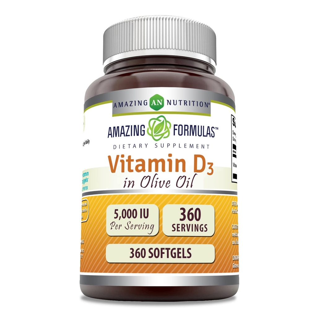 オリーブオイル 5000 IU のアメイジングフォーミュラ ビタミン D3 サプリメント | Softgels | Non-GMO | グルテンフリー | アメリカ製(1パック | 360 カウント)