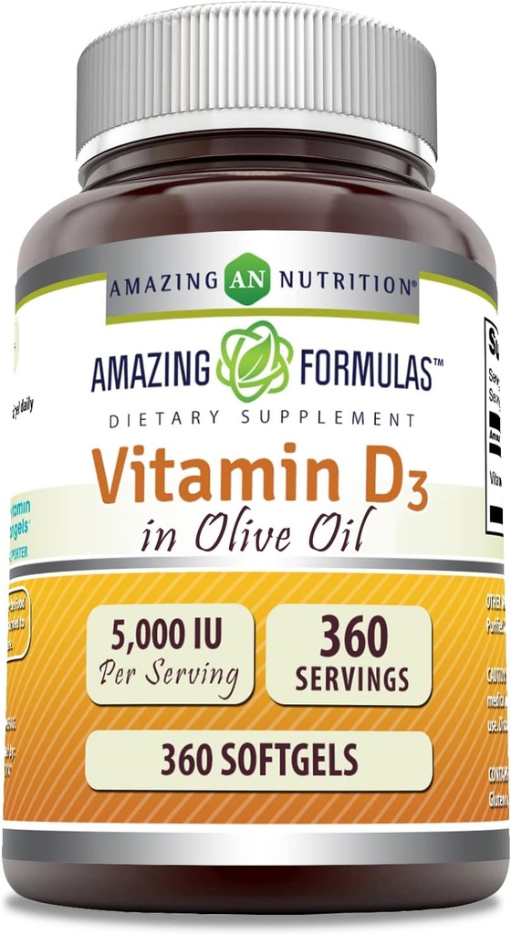 Amazing Formulas Vitamin D3 in Olive Oil 5000 IU Supplement | Softgels | Non-GMO | Gluten-Free | Made in USA (1 Pack | 360 Count)
