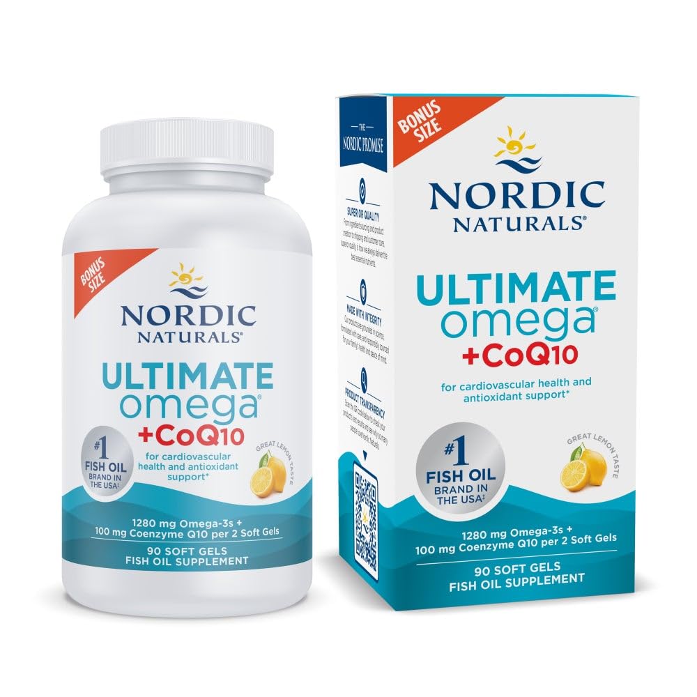 Nordic Naturals Ultimate Omega + CoQ10、レモン - 90 ソフトゲル - 1280 mg Omega-3 + 100 mg CoQ10 - 心臓の健康、細胞エネルギー、抗酸化サポート - 非GMO - 45 サービング