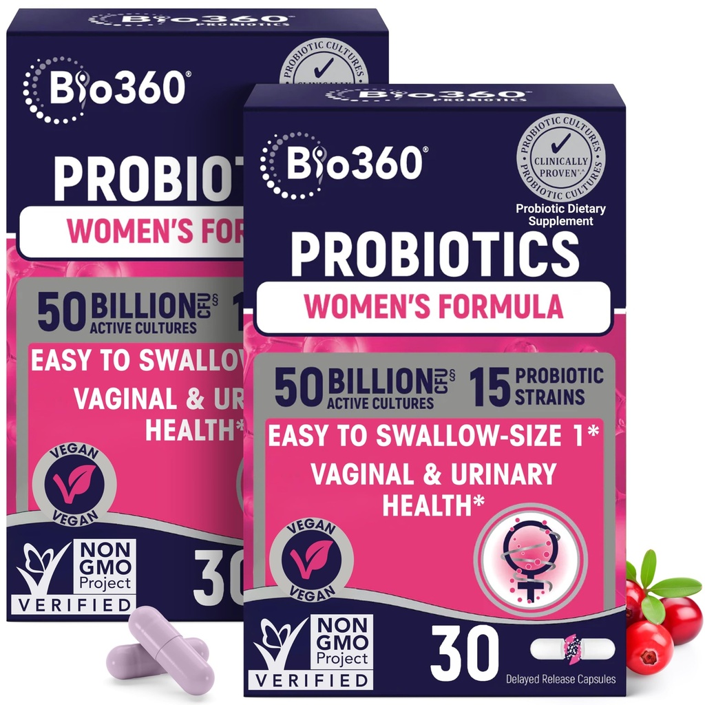 Bio360 Probiotics for Women Vaginigal Health - Supports pH Balance, Vaginal, Urinary, & Digestive Health - 50 Billion CFU & 15 Unique Strains for Healthy Vaginal Odor & Vaginal Flora - Shelf Stable