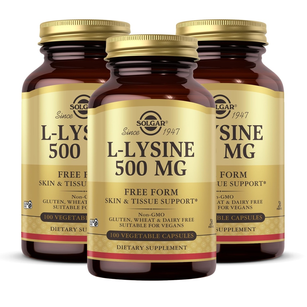 ソルガーL-リジン500mg - 100野菜カプセル、パック3 - 皮膚&ティッシュサポート - 非GMO、ビーガン、コーシャ、グルテンフリー - 300トータルサービング