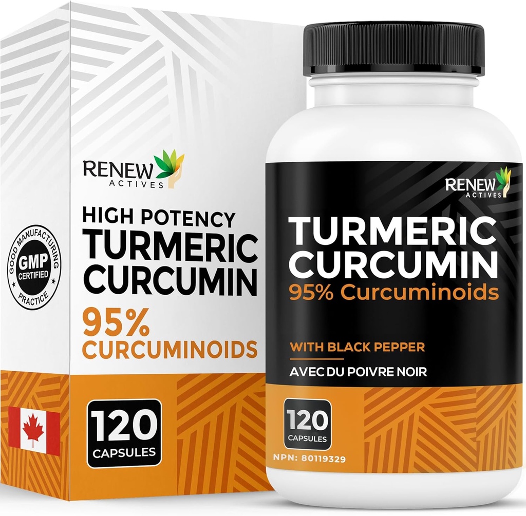 Renew Actives Turmeric Curcumin with Black Pepper – 600MG Turmeric Root, 100MG Curcuminoids per 2 Capsules – Supports Digestion, Liver Health, Joint Relief & Mobility – Made in Canada – 120 Capsules