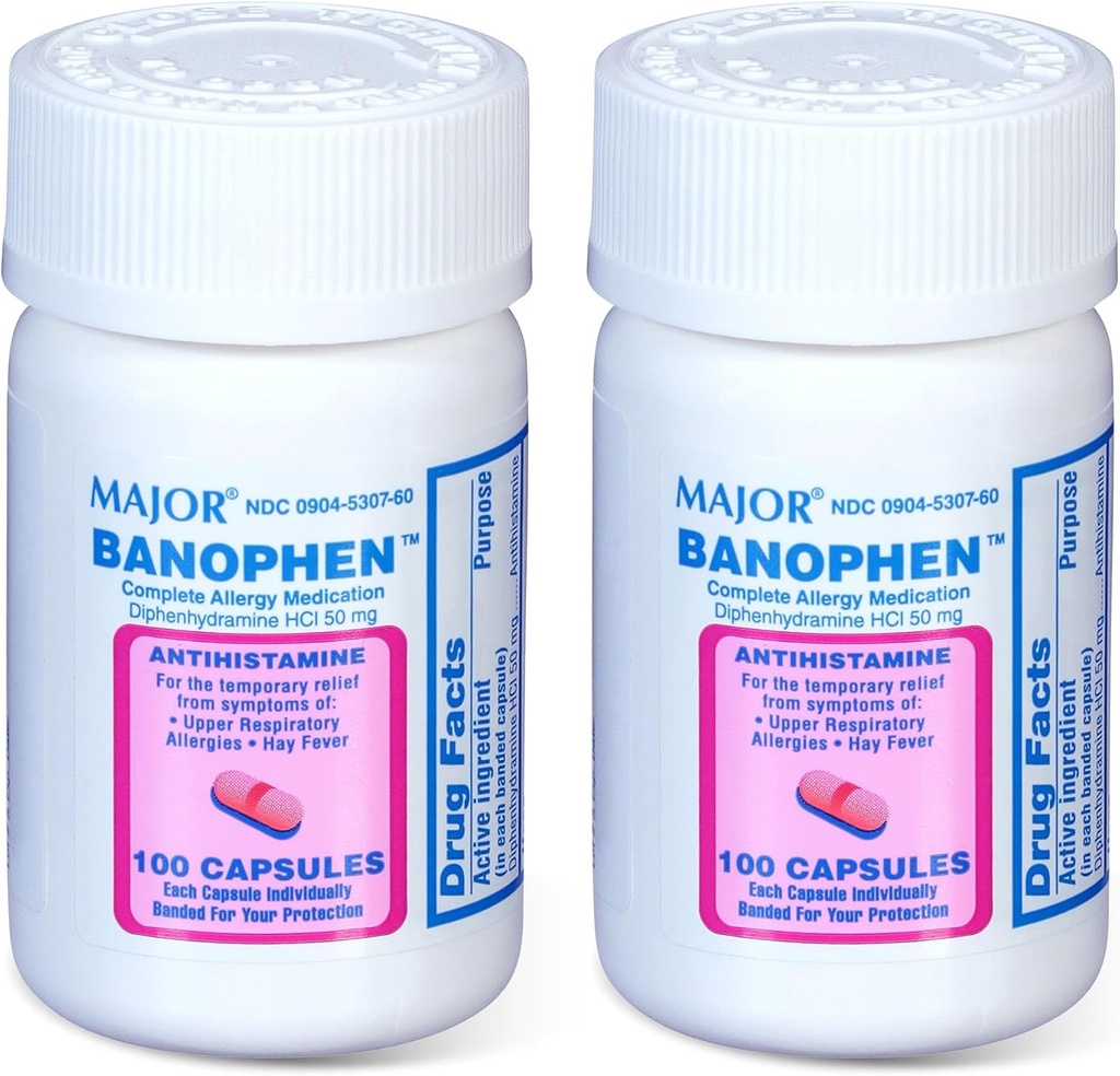 MAJOR Banohpen - 完全なアレルギー薬 - Diphenhydramine HCI 50 mg - Antihistamine - 100カプセル(2パック)