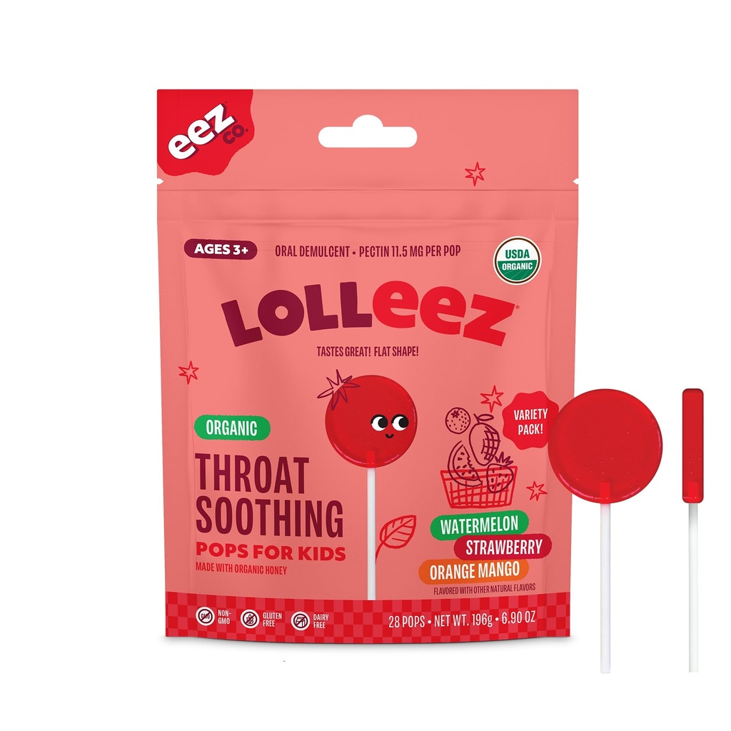 Lolleez Organic Lollipops for Kids Sore Throat Edwards, Variety Pack パーフェクト のために Soothing a sore Throat 同時に Tasting Great, Strawberry, Watermelon & Orange Mango, 28 カウント