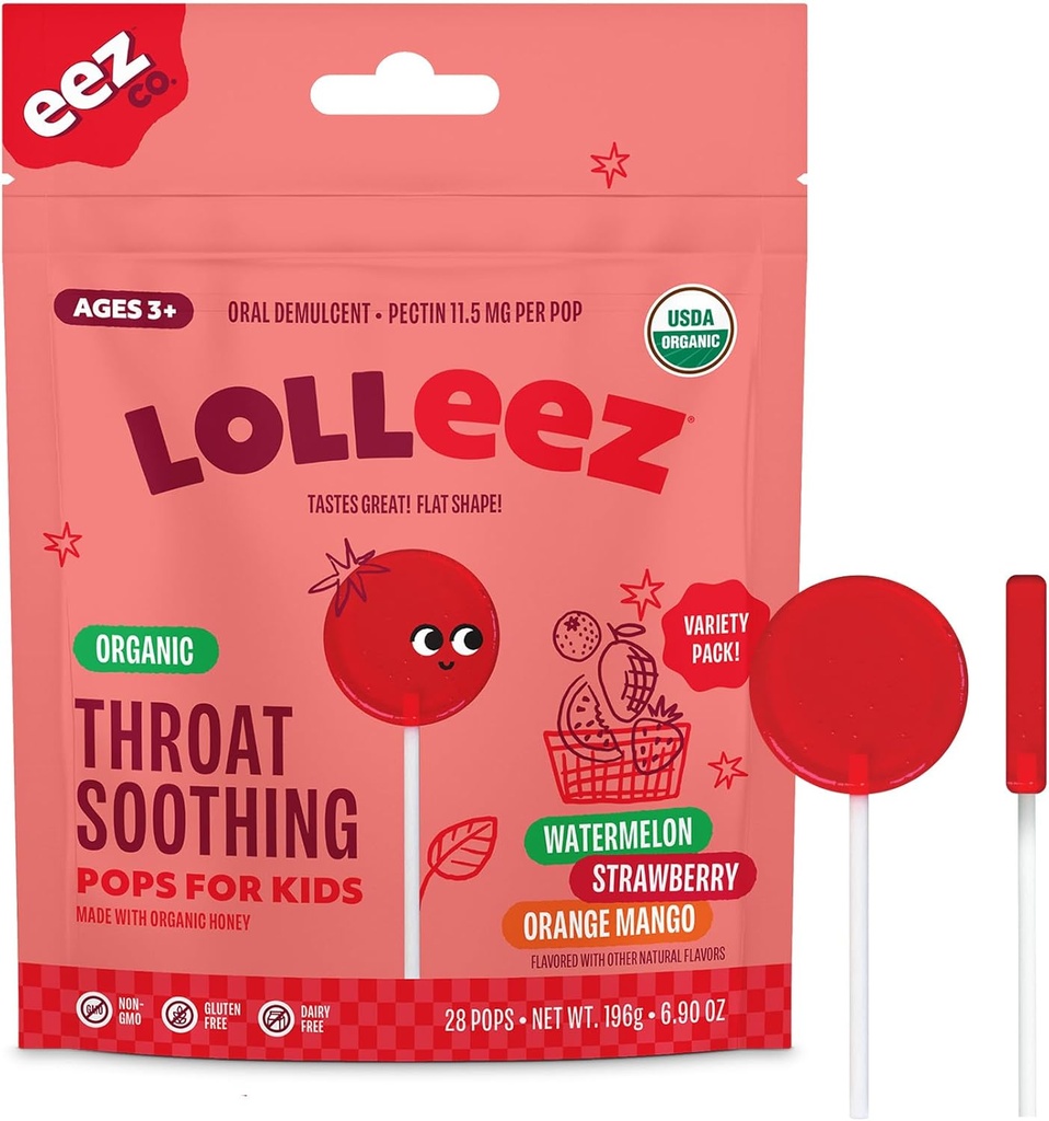Lolleez Organic Lollipops for Kids Sore Throat Edwards, Variety Pack パーフェクト のために Soothing a sore Throat 同時に Tasting Great, Strawberry, Watermelon & Orange Mango, 28 カウント