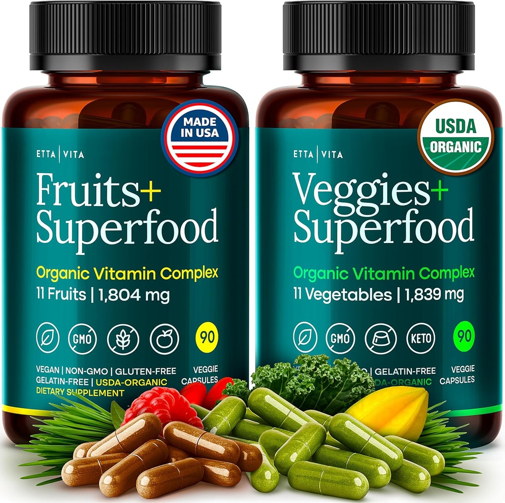 100% Organic Fruits and Veggies Supplement (USDA Organic - Made in USA) 180 Potent Fruits and Vegetable Capsules for Energy Boost & Daily Fruit and Vegetable Vitamins - Vegan, Non-GMO, Gluten-Free