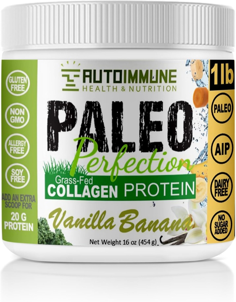 Paleo パーフェクト バニラ バナナ グラスフェッド ビーフ コラーゲン プロテインパウダー スティービア - Paleo、Keto、SCD、AIP タンパク質粉末 アップル 繊維、ニンジン ・ ブロッコリー - 1 lb タンパク質 パウダー&スーパーフード ブレンド