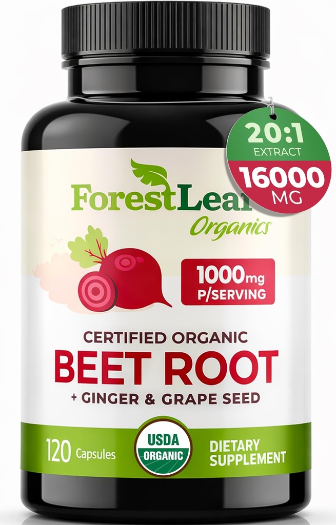 ForestLeafオーガニックビートルートカプセル - Beetrootサプリメント16000mg強度20:1抽出Pills w / Ginger Grape種子 サポート血圧、ニトリ酸化物、フロー、循環 ビートパウダー - 120キャップ