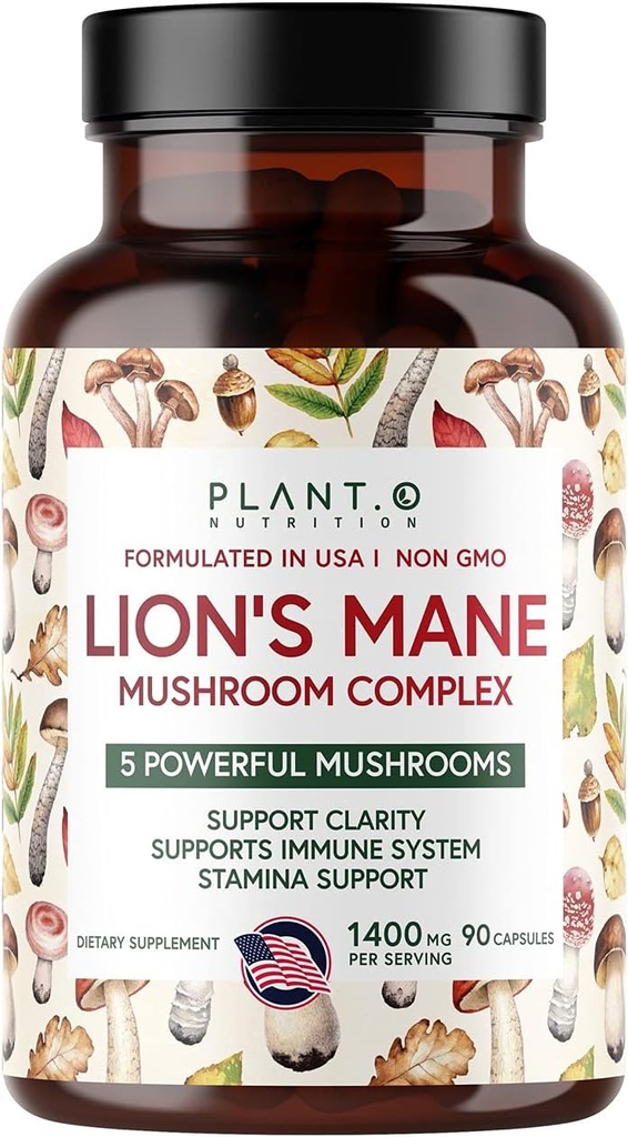 Plant.O Premium Lion's Mane Supplement, All Natural Nootropics Brain Supplement, 5 きのこコンプレックス – ライオンズ・マネ, レイシ, チャガ, Maitake, 免疫のための椎茸, フォーカス, 気分と記憶ブースト, 90 キャップ