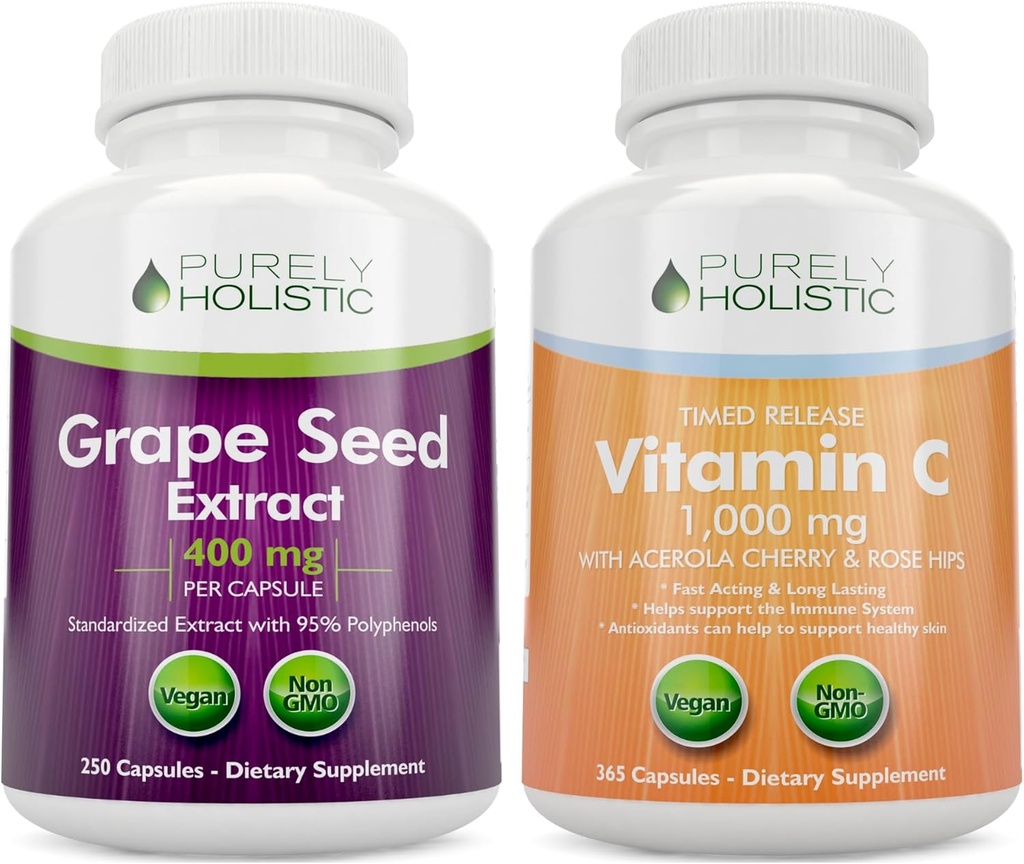 純粋にホリスティックグレープ種子エキス400mg +ビタミンC 1000mgタイムリリースバンドル - 615ビーガンカプセル - 米国製