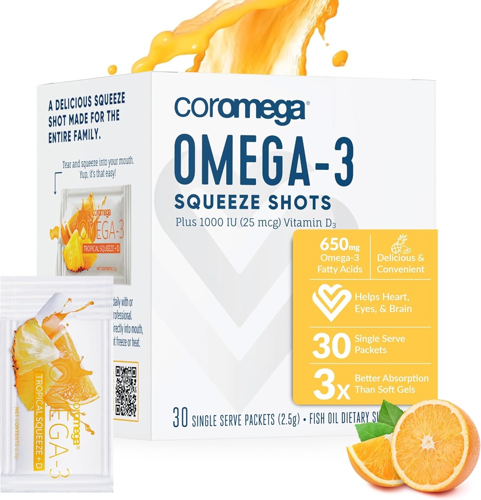 Coromega Omega追加のビタミンD3、Softgels、熱帯オレンジ味、30シングルServe Squeezeパケットよりも3Xより良い吸収でオメガ3sの650mgの3魚油サプリメント