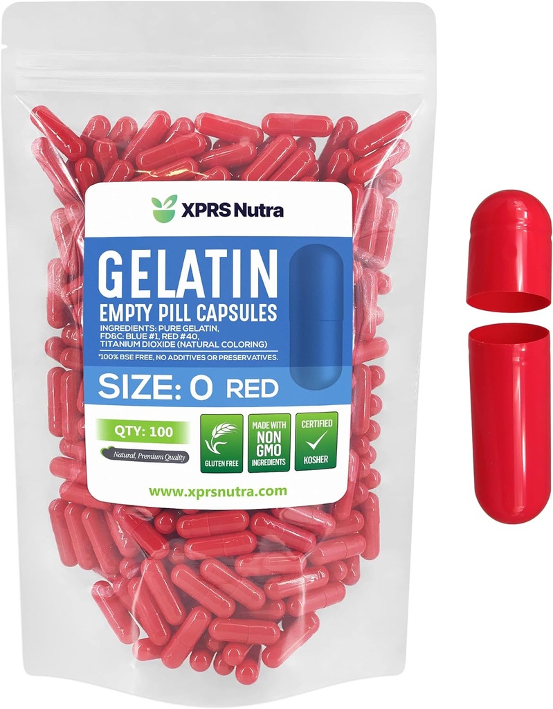 XPRS Nutra Size 0 Empty Capsules - 100 Count Empty Gelatin Capsules - Pills DIY Capsule Filling - Pure Bovine Fillable Pill Gel Caps for Do-It-Yourself Supplements (Red)