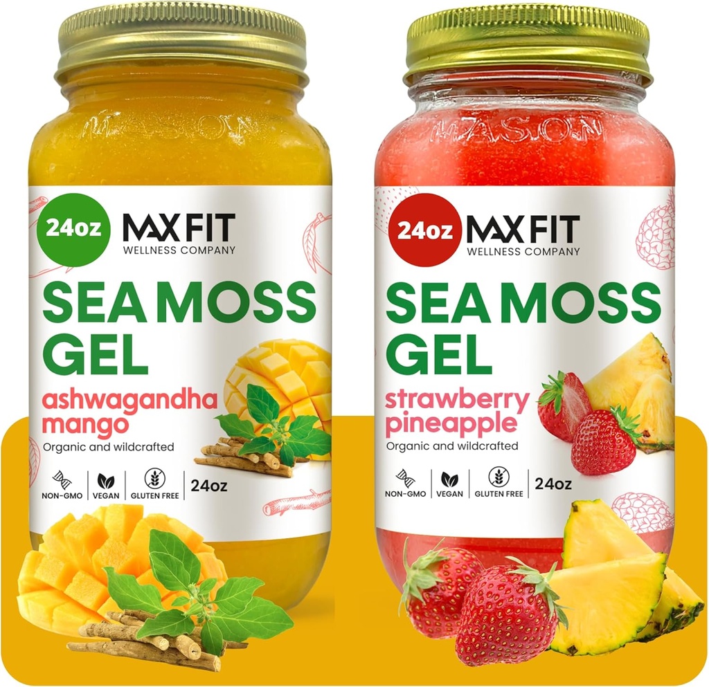 Sea Moss Gel Organic Raw (Bundle of 2 Jars 24oz) Ashwagandha Mango and Strawberry Pineapple Wildсrafted Gold Sea Moss Gel | 92 Vitamins and Minerals | Pure Raw+Non-GMO | Vegan Superfood