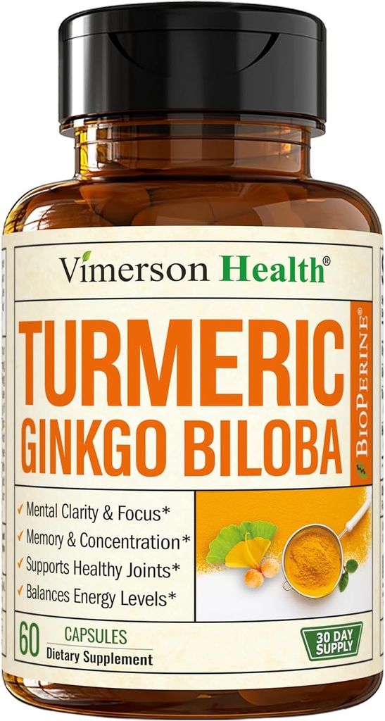 Ginkgo Biloba and Turmeric Curcumin Supplement with Black Pepper & Organic Tumeric – Natural Turmeric Supplement for Focus, Memory, Joint & Brain Health – 60 Vegan Ginko Biloba Capsules with Curcuma
