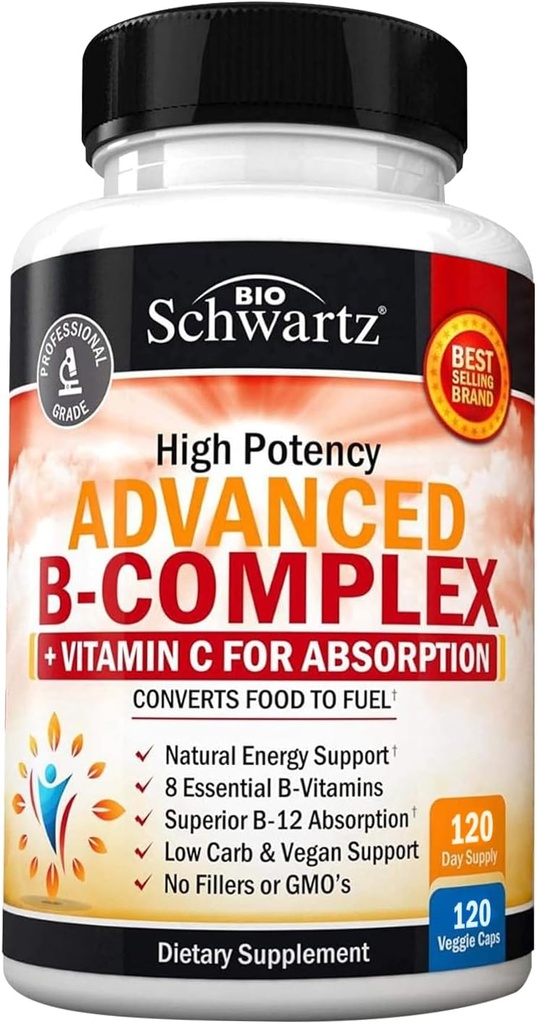 Vitamin B Complex with Vitamin C for Maximum Absorption - Methylcobalamin b12 & Folate Folic Acid Supplement - B1 B2 B3 B5 B6 B7 B9 for Immune Energy & Nervous System Support - Non-GMO, 120 count