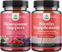 Bundle of Complete Herbal Menopause Supplement for Night Sweats & Mood with Dong Quai Vitex Chaste Berry & Black Cohosh and Pure Biotin Pills for Shiny Thick Hair Growth - Get Clear Skin Strong Nails