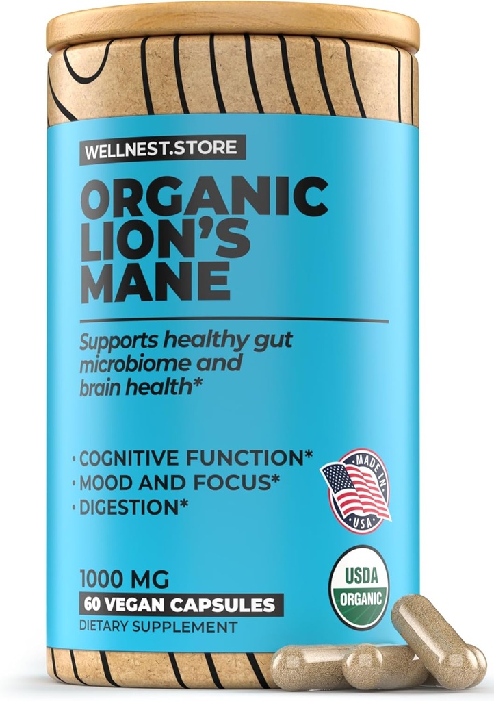 Lions Mane Mushroom Organic Supplement (Hericium Extract) 60 Veggie Caps - Immune Support Supplement; Improve Cognitive Function + Promote Vitality, Protect Nerve Cells