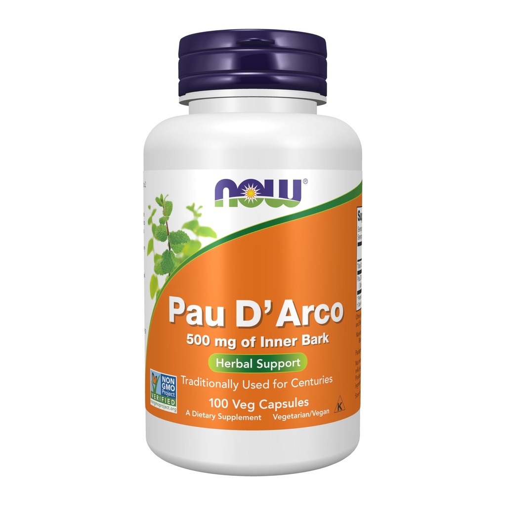NOW Foodsは、Pau D'Arco(Tabebuia heptaphylla)500mg、Herbal Support、100ベジカプセルを補います