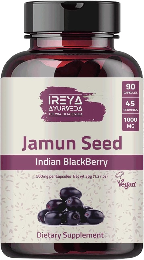 Jamun Seed 1000mg(90カプセル) - インドのBlackBerry(Eugenia Jambolana)アーユルヴェディックハーブ、45日の供給
