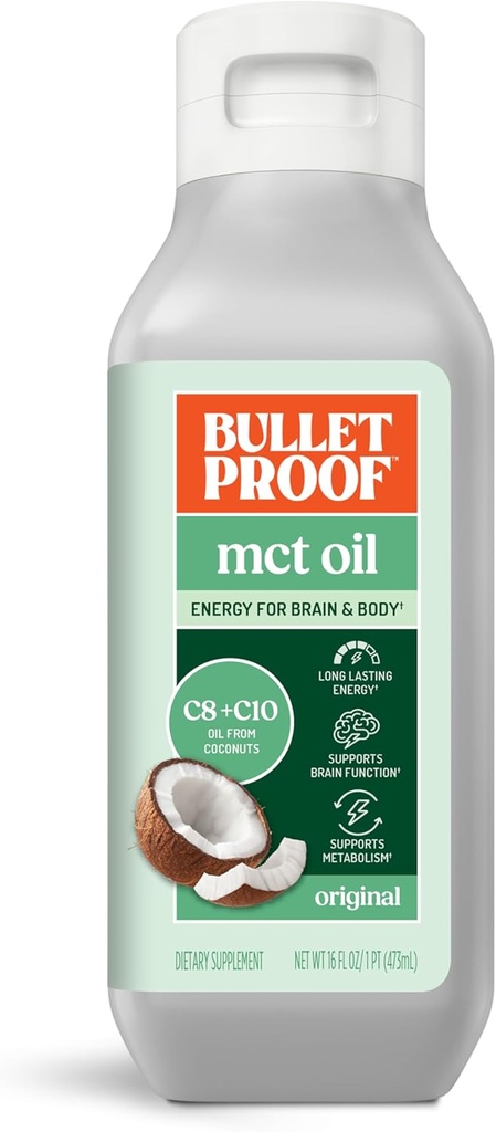 Bulletproof MCT Oil Made with C10 and C8 Oil, 16 Ounces, Keto Supplement for Sustained Energy, Brain and Body Fuel, Add to Coffee and Smoothies, Packaging May Vary