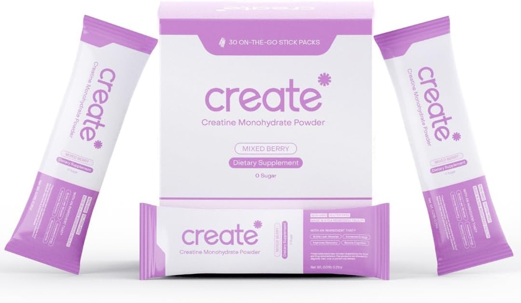 Create Single Serve Creatine Monohydrate Powder – 5g Creapure Creatine | Redefining Strength, Energy & Recovery | Sugar-Free, Vegan, Non-GMO | Mixed Berry | 30 Portable Packets