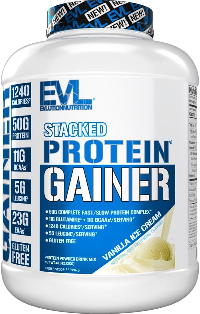 Evlution Nutrition Stacked Protein Gainer、50グラムWhey Protein Powder Complex、251グラム炭水化物、筋肉の構築、回復、ポストワークアウト、グルテンフリー(Vanilla Ice Cream、6 LB)