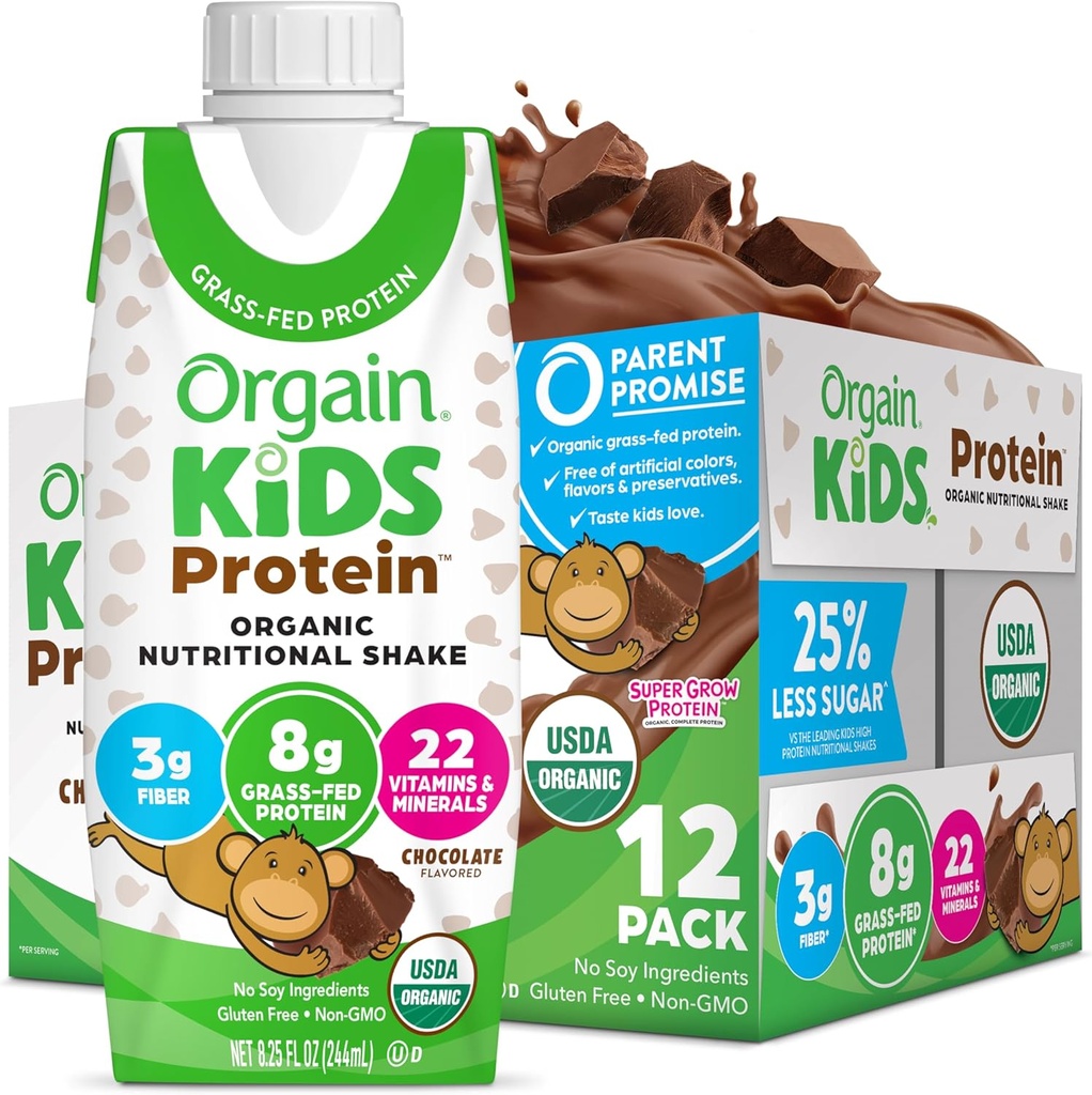 Orgainオーガニックキッズプロテイン栄養シェイク、チョコレート - 8gのタンパク質、22ビタミン&ミネラル、フルーツ&野菜、グルテンフリー、大豆フリー、非GMO、8.25 Fl Oz(12パック)
