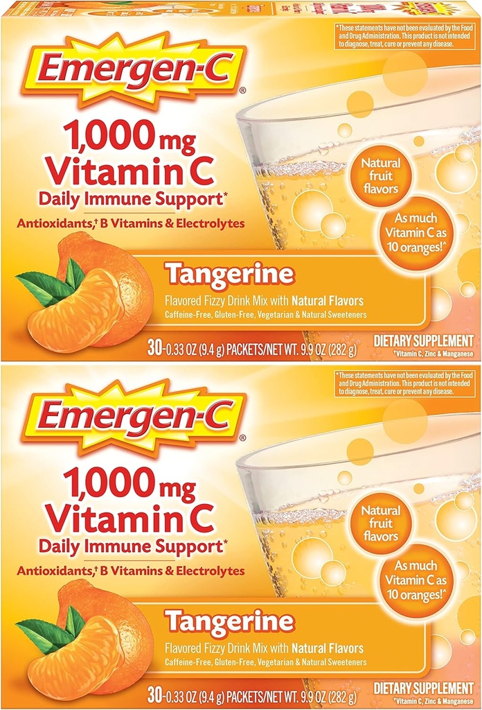 Emergen-C 1000mgビタミンCパウダー、抗酸化剤、ビタミンB、電解液、ビタミンCサプリメント免疫サポート、カフェインフリードリンクミックス、タンジェリン風味 - 60 / 2ヶ月の供給
