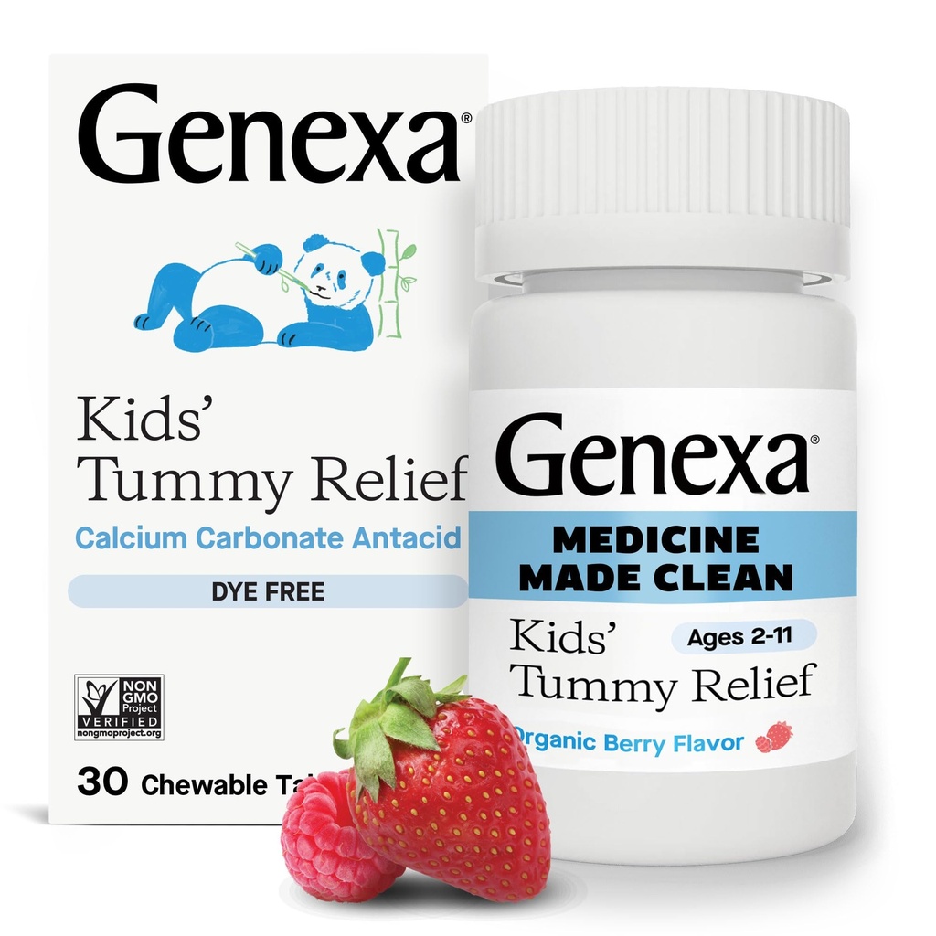 Genexaの子供のきれいな染料の自由なおなかの救助 ハートバーン、酸の消化、サワーの胃のChewableアントエイド  0%の人工的な添加物、子供の炭酸カルシウム、有機ベリーの味、30ct
