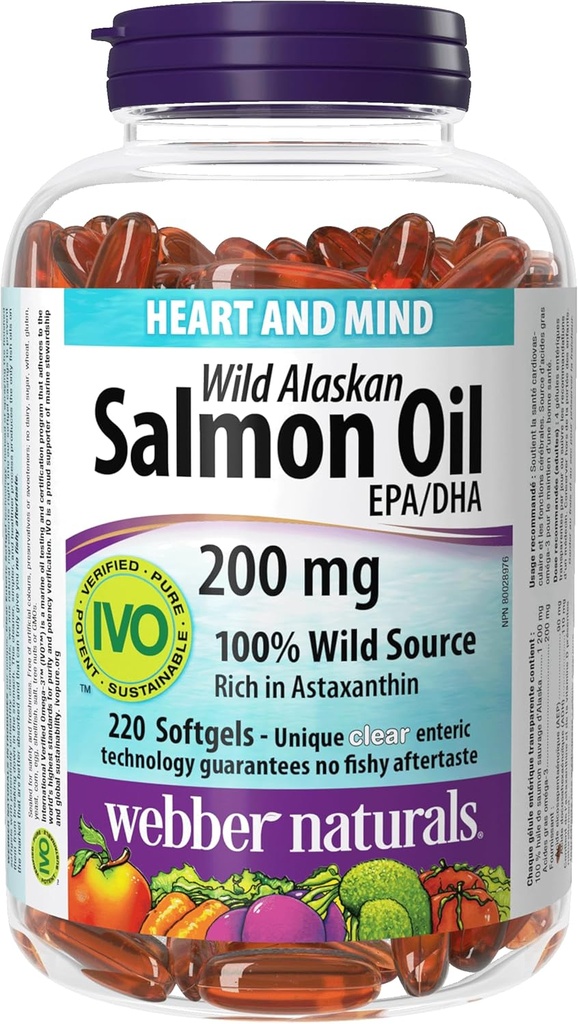 Webber Naturalsワイルドアラスカサーモンオイル、200 Mg、220-Count