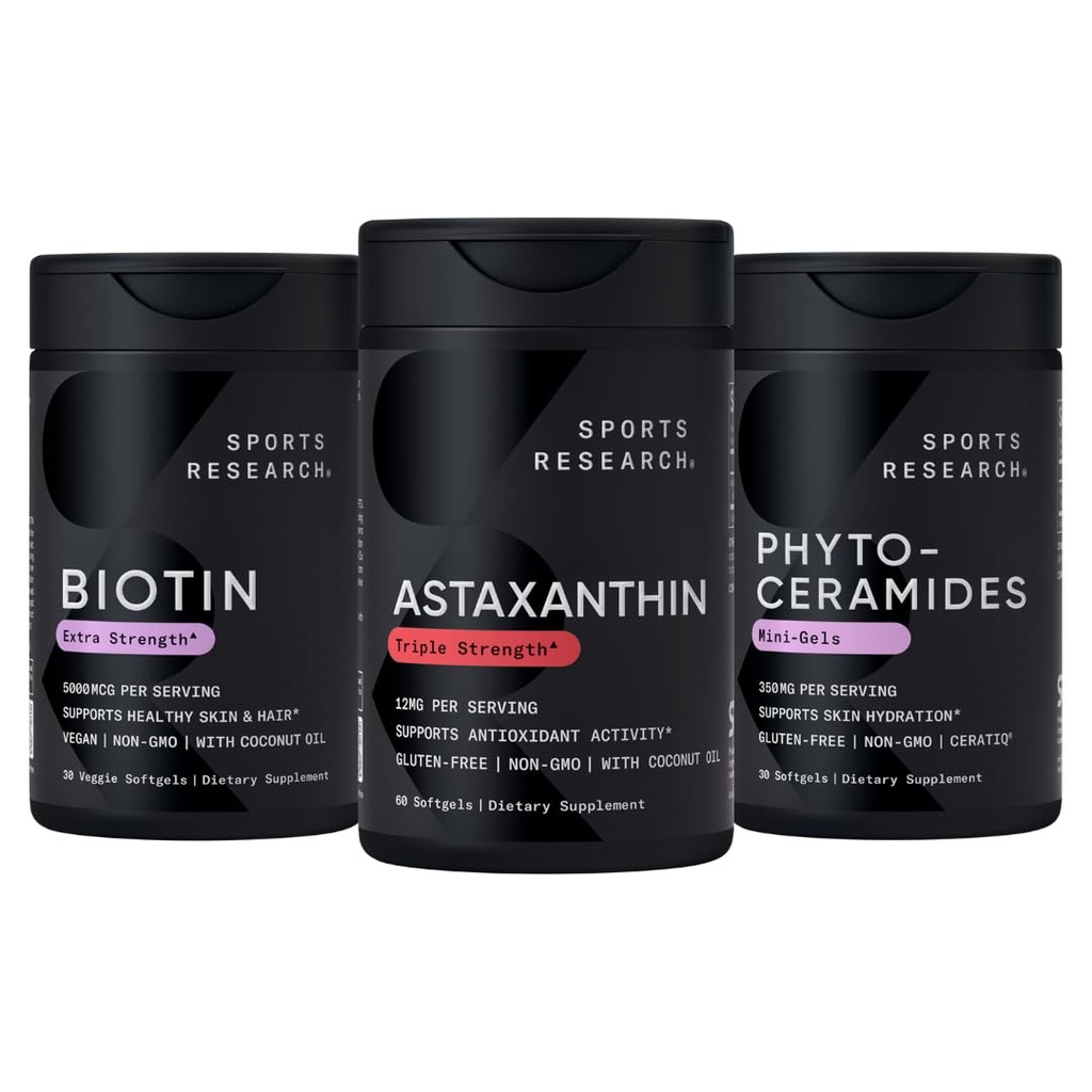 スポーツリサーチ®ヘルシー肌と髪のサポート - ココナッツオイル、トリプル強度アスタキサンチン12mg、およびフィトセラミド350mg/ソフトゲル・非GMO・ビーガン・グルテンフリー