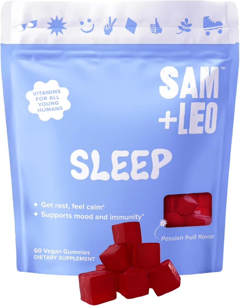 SAM + LEO 睡眠 - パッションフラワー、ビタミン B6 & 子供のためのメラトニン ガミー & 十代の若者たち - すべての自然 & ビーガンリラクゼーション & 子供のための眠りのガミー - パッションフルーツ味 - 60/ct