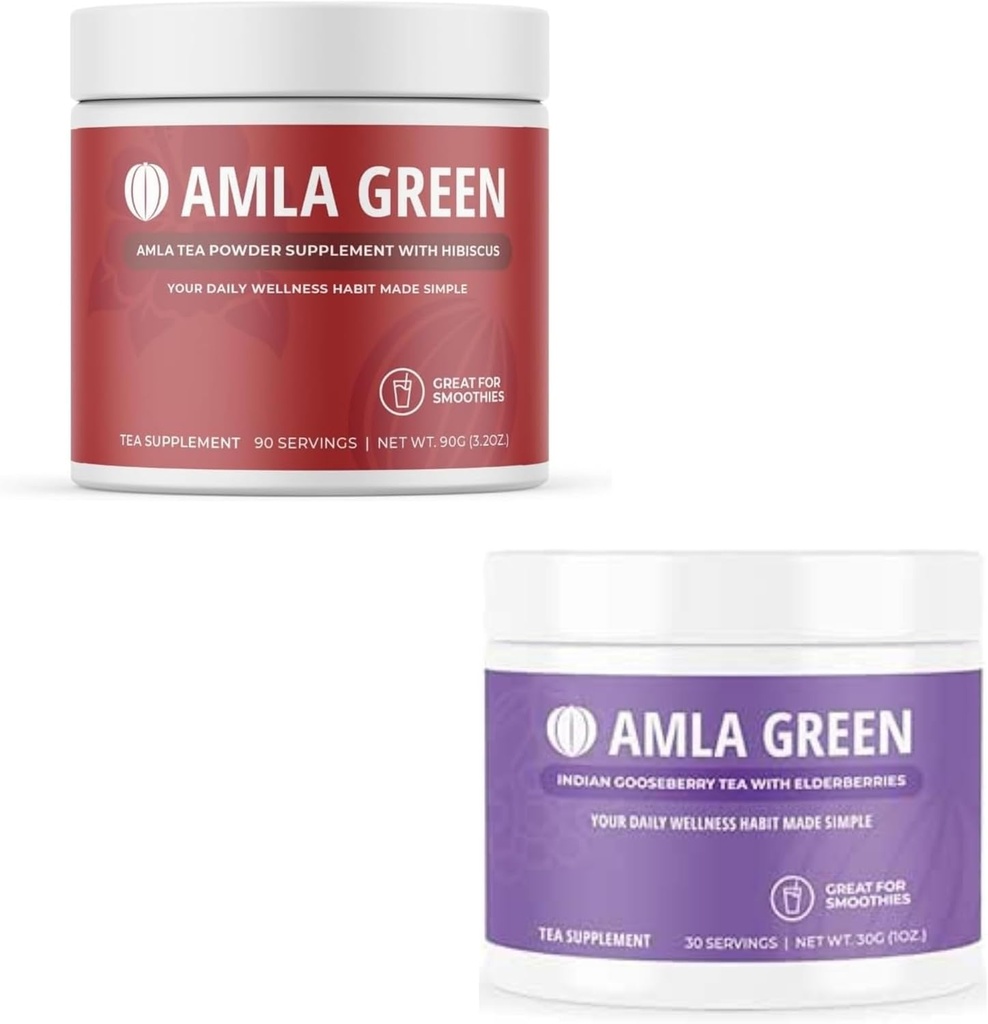 Amla Powder & Green Tea Superfood Supplement, Antioxidant Support, Made with Hibiscus (90 servings) &Elderberries (30 servings), Organic, Vegan