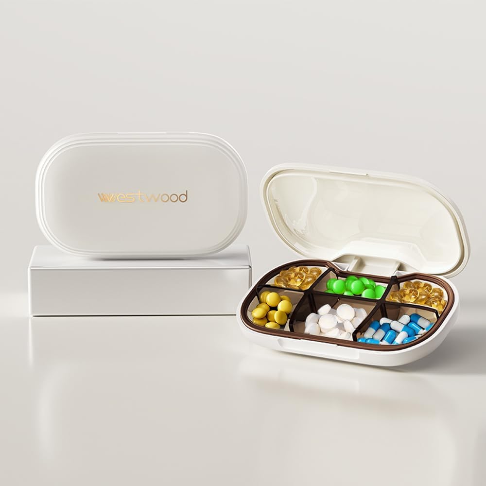 6つのコンパートメント、財布、ピルオーガナイザーピル容器ピルホルダー、ビタミン、魚油、サプリメント、医薬品(白)